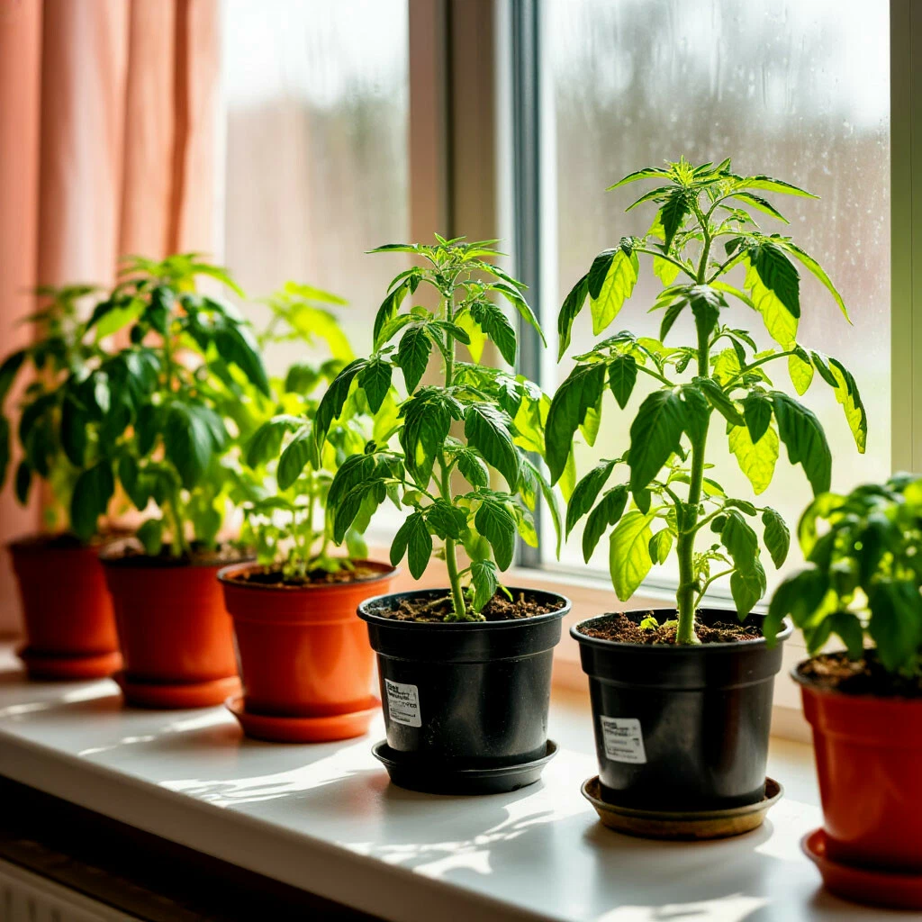 Рассада томатов на подоконнике.