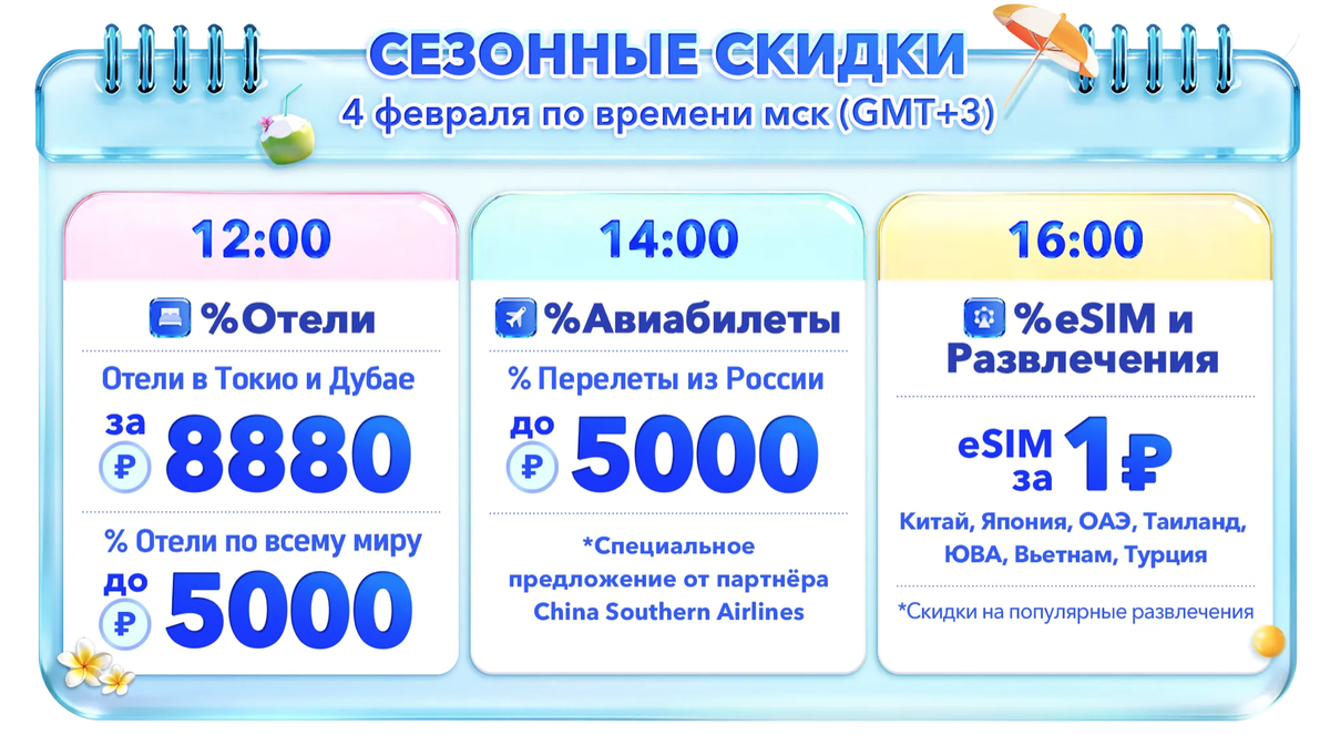 Зимняя распродажа от Trip.com: скидки до 50 % на отели, авиабилеты, развлечения и eSIM за 1 рубль 