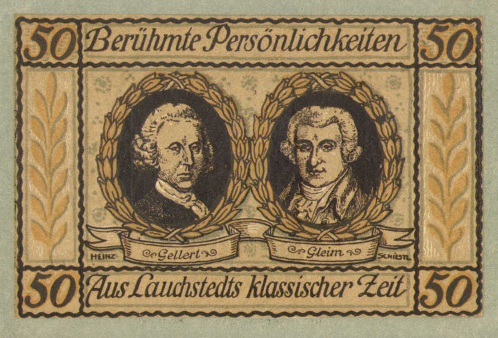Нотгельд Бад-Лаухштедта, 50 пфеннигов 1921. Из серии "известных личностей" - немецкий писатель Христиан Геллерт и немецкий поэт Иоганн Глейм. 