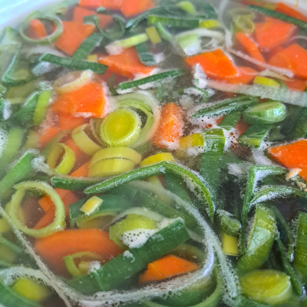 Суп Привет из куриного хребта, лука порея и моркови.