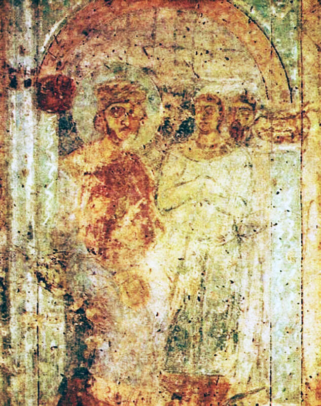 Княгиня Ольга и император Византии. Фреска Софийского собора в Киеве, XI век. Позади изображён приближённый к княгине, возможно, её племянник, находившийся в посольстве. Мы ничего не знаем о том, к какому роду принадлежала Ольга и её знатные родственники.