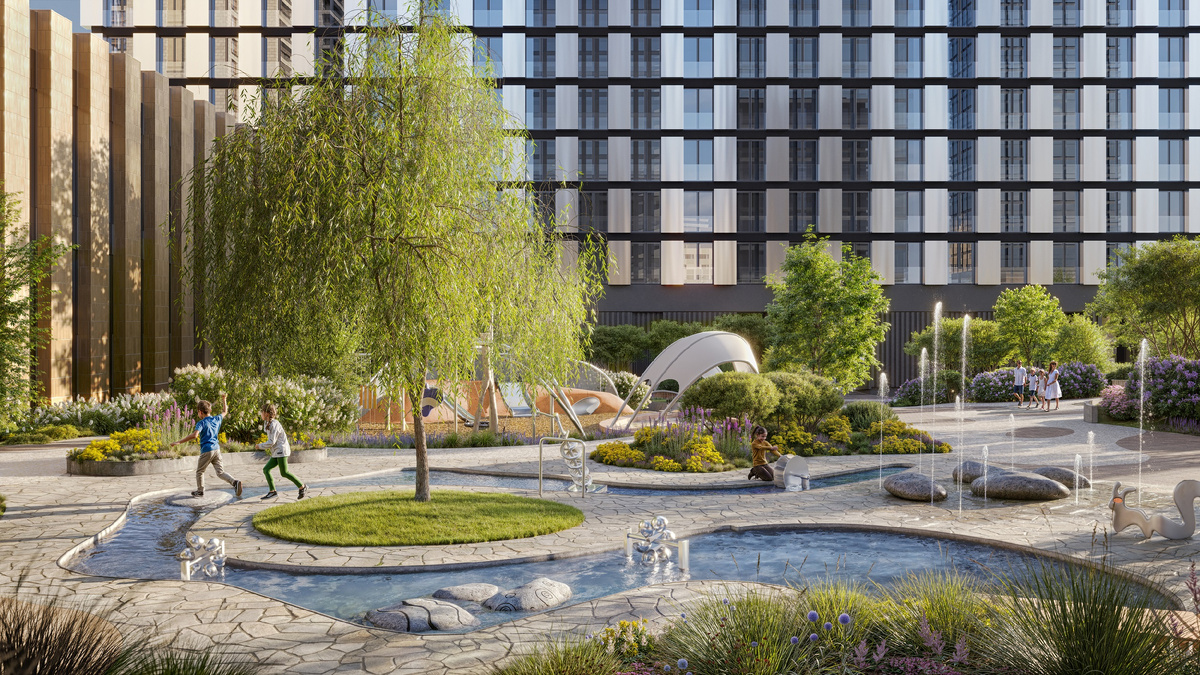 Парк площадью 1,8 гектара наполнен водой: ручей, сухой фонтан, плескательный бассейн