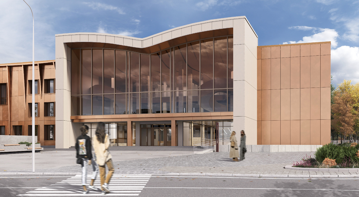 Фасад городского центра культуры в Мончегорске осенью