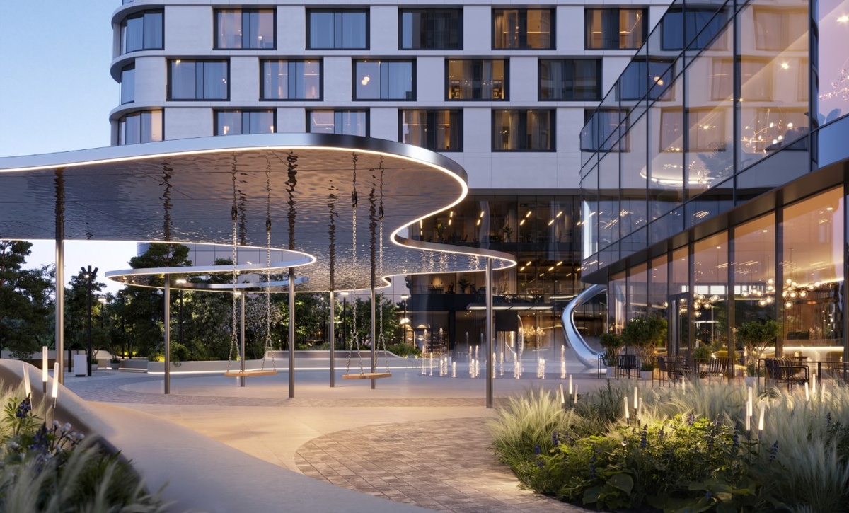 
Озеленение во дворе смягчает звуки с улицы. ЖК Solos. Рендер: Dar