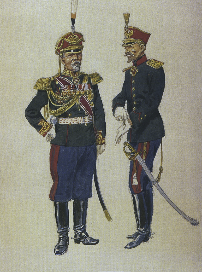 Генералы от кавалерии: Парадный мундир (слева), служебный мундир (справа).
