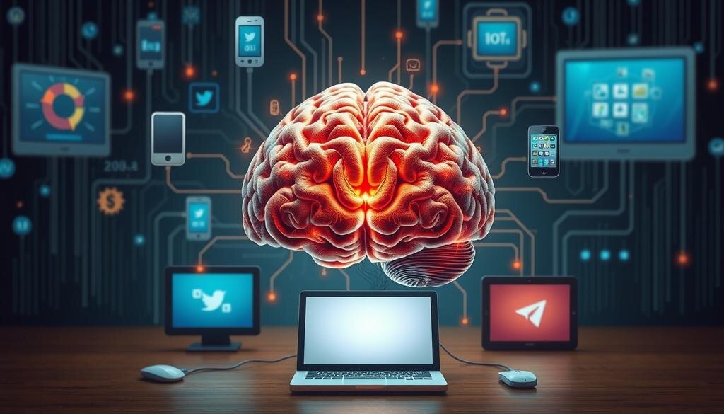    Изображение мозга с цифровыми устройствами вокруг