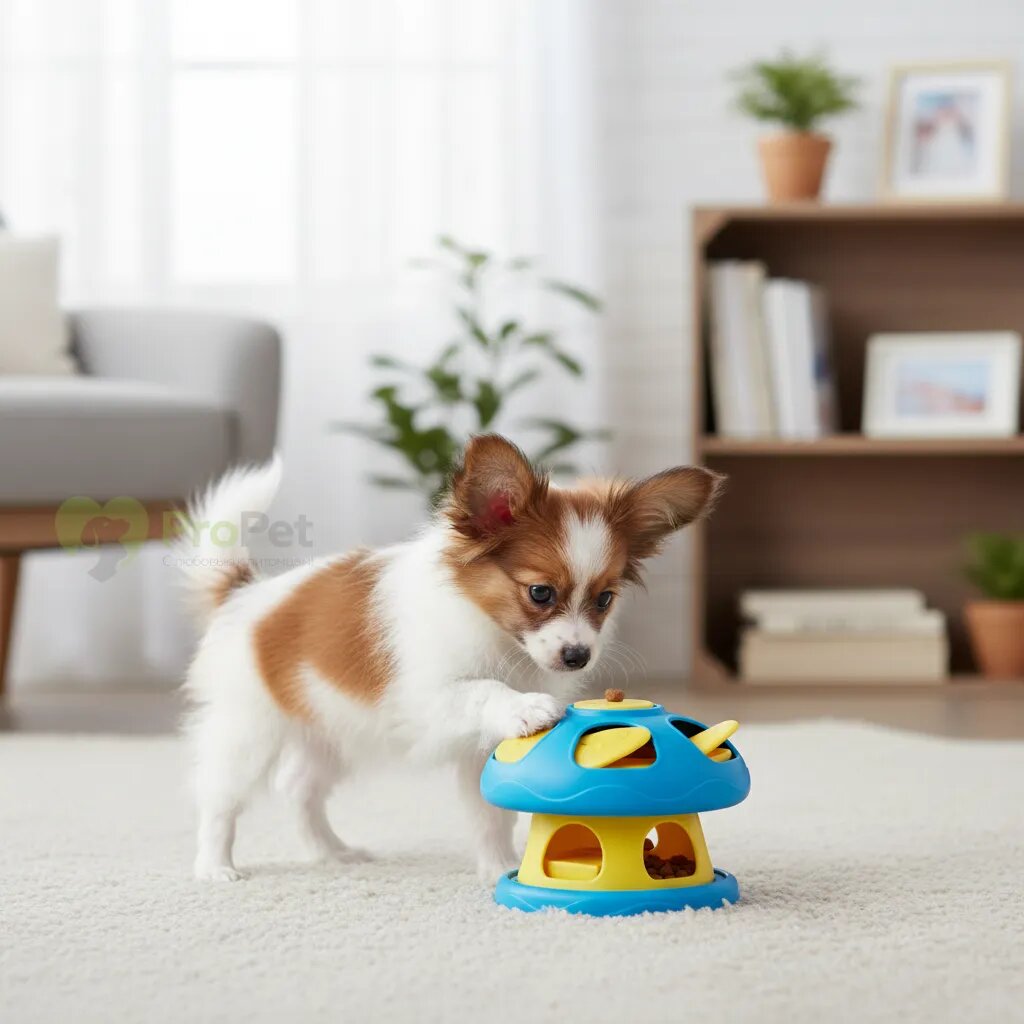 Щенок папильона играет с развивающей игрушкой