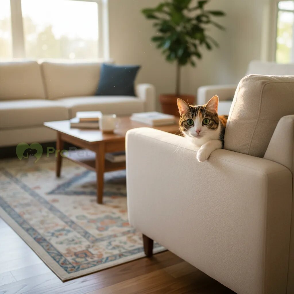 Кошка, выглядывающая из-за дивана, исследует пространство.