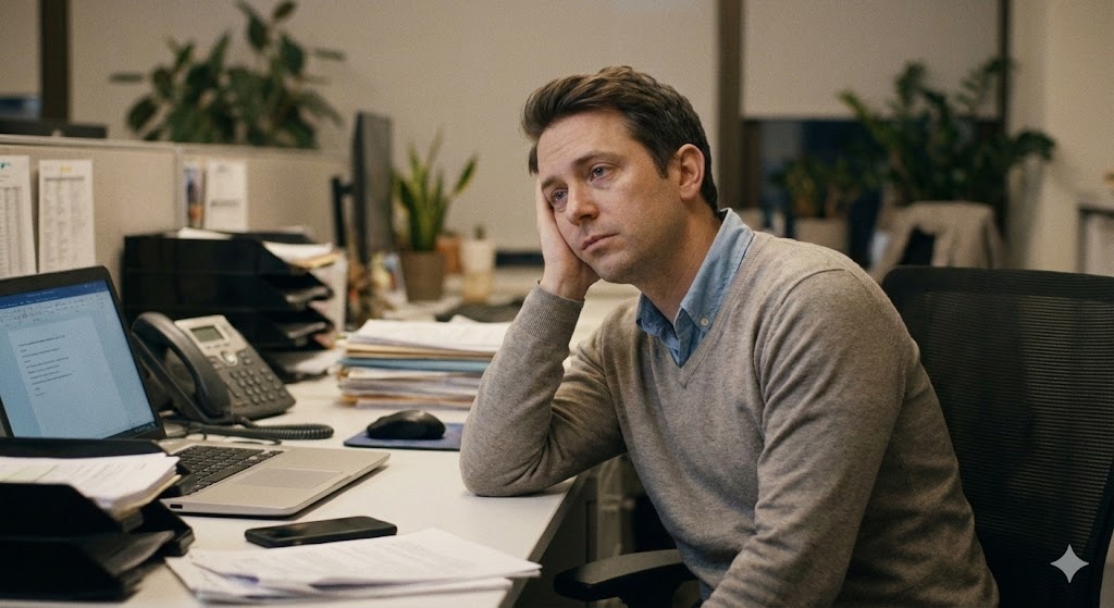 Человек за рабочим столом в офисе, испытывающий эмоциональное выгорание на работе и хроническую усталость