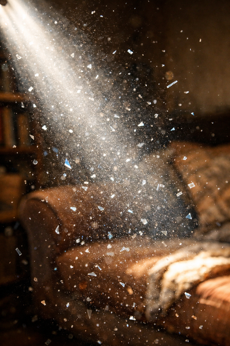 Увеличенная фотография солнечного луча в комнате, где виден не только пылевой «танец», но и микроскопические, похожие на осколки, частицы пластика. Яркий контраст уюта и скрытой угрозы.