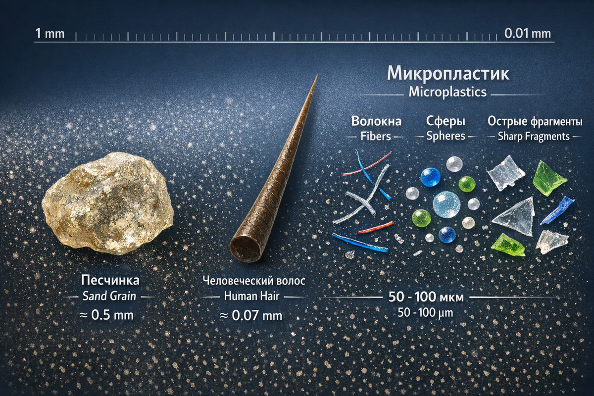 Инфографика-сравнение. Рядом с песчинкой и человеческим волосом — целая коллекция микропластиков разных форм: волокна, сферы, острые фрагменты. Масштабный ряд, показывающий их ничтожный размер