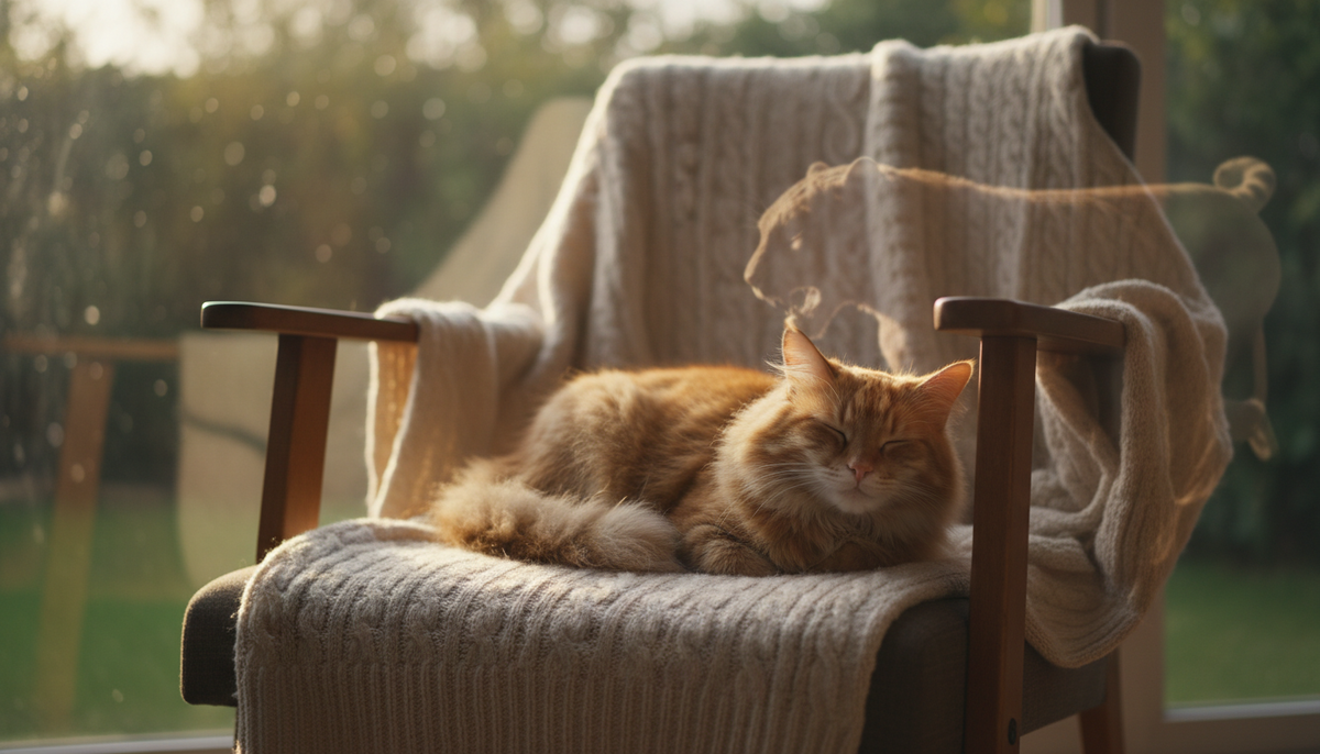 Кошка уютно свернулась клубком на свитере, лежащем на стуле, в теплом и спокойном интерьере.