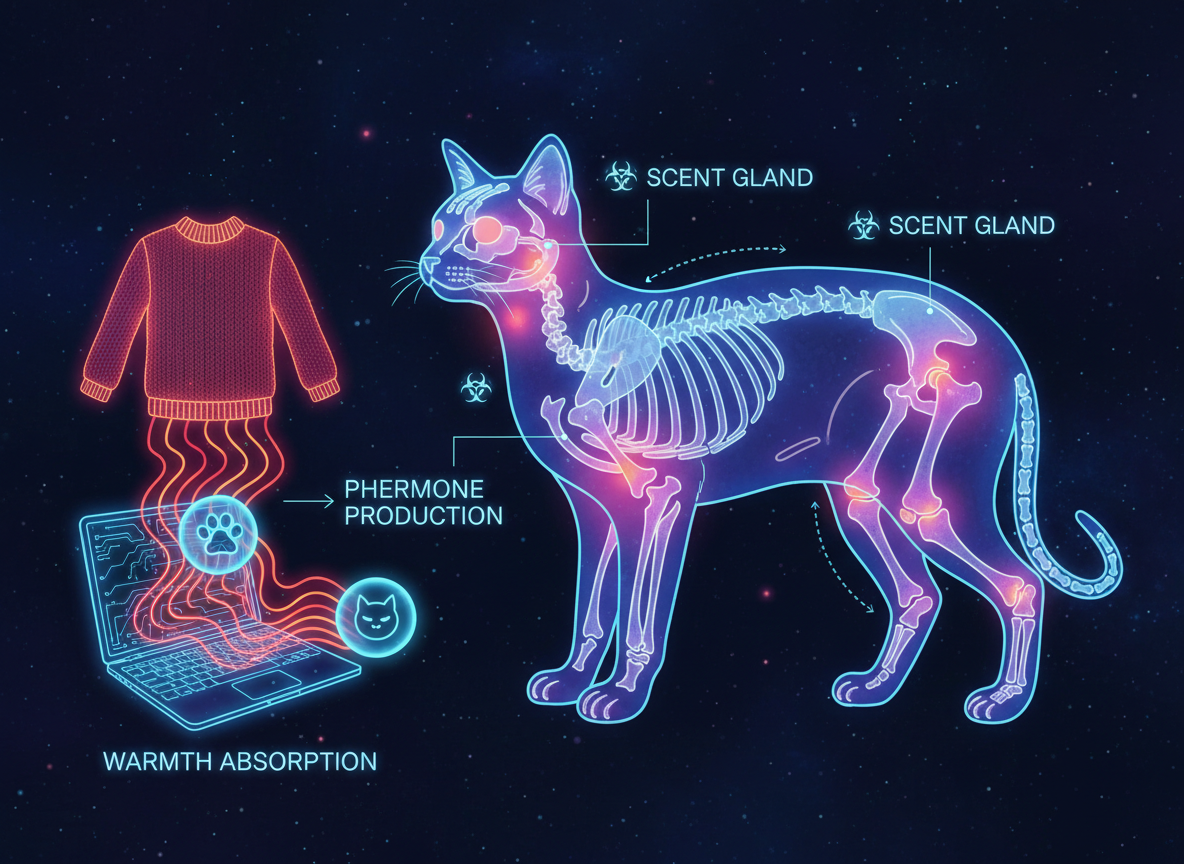 Схематичное изображение тела кошки с выделенными ароматическими железами и теплом от свитера и клавиатуры.
