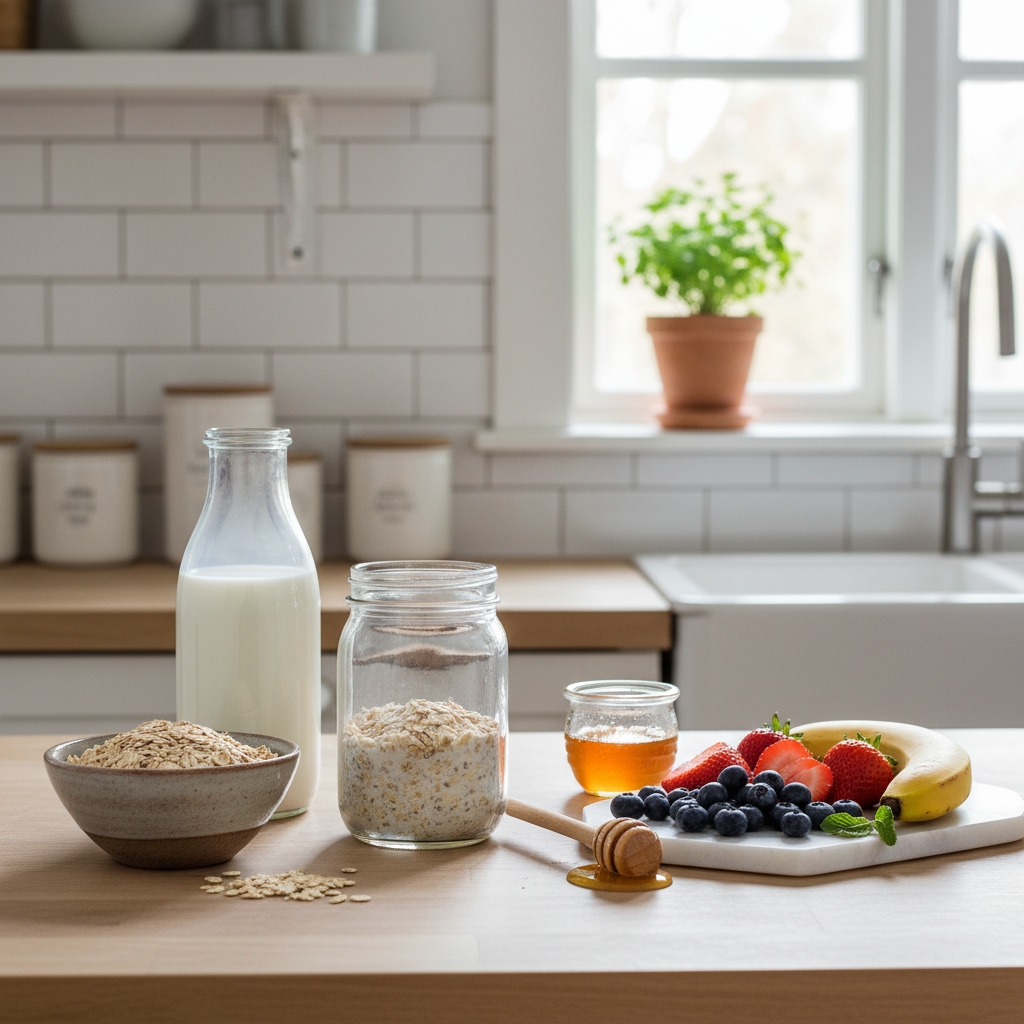 Ингредиенты для идеальной овсянки без варки: овсяные хлопья, фрукты, орехи, мед и молоко.