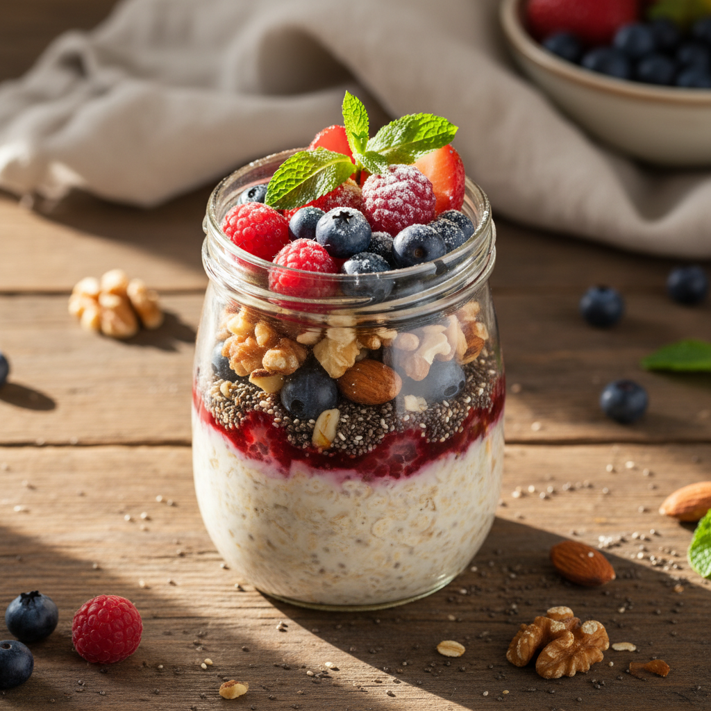 Классика быстрого и сбалансированного завтрака — овсянка без варки с ягодами в банке.