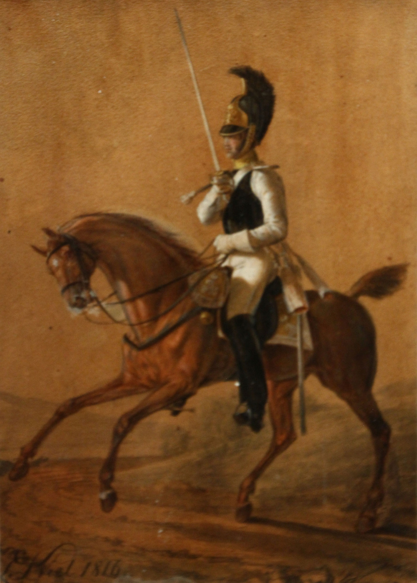 Обер-офицер Астраханского кирасирского полка. 1816. Л.И. Киль. Тонированная бумага, акварель, гуашь, лак. Ссылка: https://mayak-parnasa.livejournal.com/1230255.html Курляндский дворянин Лев Иванович Киль (1789-1851), участник Заграничных походов 1813, 1814 и 1815 годов, начал свою военную карьеру корнетом, а закончил генерал-майором Свиты Его Императорского Величества. Он был внуком кормилицы Екатерины II, сыном артиллерии генерал-майора, участника Чесменского морского сражения и Архипелагской экспедиции Русского военно-морского флота. Сам Лев Иванович во время Заграничных походов был дважды повышен в чине, получил Аннинскую шпагу и заслужил перевод в лейб-гвардию тем же чином. Но, несмотря на весьма неплохую военную карьеру, генерал Киль стал известен современникам и заслужил неоспоримое право на признательность потомков отнюдь не подвигами на ратном поле, а своими графическими работами. Они запечатлели и сохранили от забвения образ победителей Великой армии Наполеона - тех солдат, офицеров и генералов Русской армии, которые дважды, в 1814-м и 1815-м, входили в Париж, дважды лишали власти императора французов. В историю искусства художник-акварелист Киль, выпускник Митавской гимназии, ученик Дерптского университета и Дрезденской академии художеств, вольный общник Санкт-Петербургской Академии художеств, вошел прежде всего как автор серии 73 офортов "Мундиры Российской армии" (1815-1820), которая и сегодня считается одним из самых достоверных источников визуальной информации о вооруженных силах империи начала XIX столетия. Выполненные по заказу Александра I, эти работы сочетают подлинность документа с высочайшим уровнем художественного исполнения. Ссылка: https://rodina-history.ru/2021/08/10/na-vystavka-voina-hudozhnika-lva-kilia-pokazali-triumf-russkoj-armii-v-parizhe.html?utm_referrer=https%3A%2F%2Fyandex.ru%2F