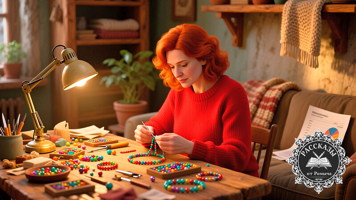 На обложке изображена женщина, сосредоточенно работающая с бисером в уютной мастерской, что контрастирует с темой сурового рассказа про семью и финансового противостояния