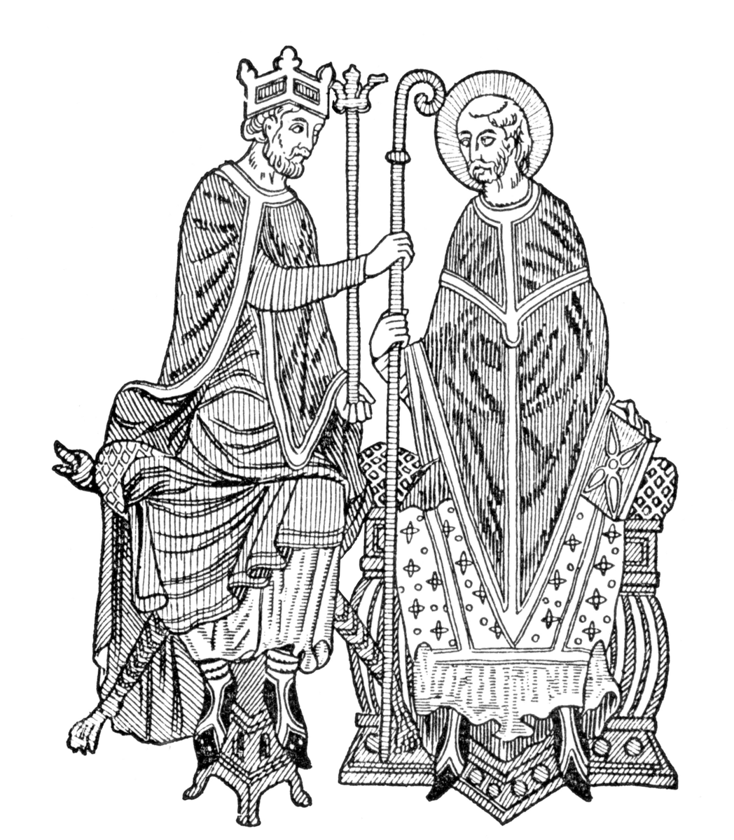 Средневековый король передаёт епископу символ светской власти