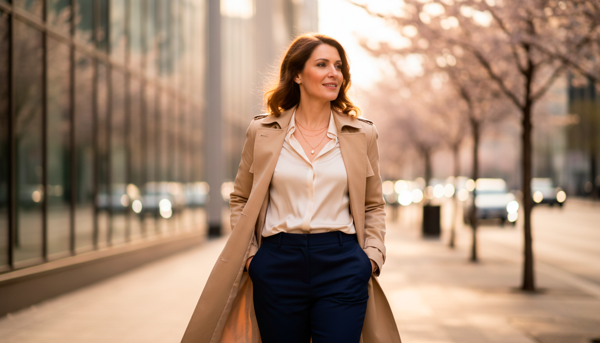 Вот она, современная элегантность в межсезонье. Обратите внимание: тренч расстёгнут, под ним видны слои одежды, но образ не выглядит громоздким. 