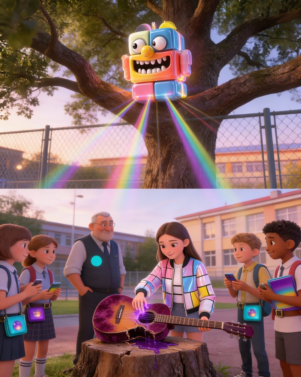 Кубиклёп смотрит на ребят с дерева