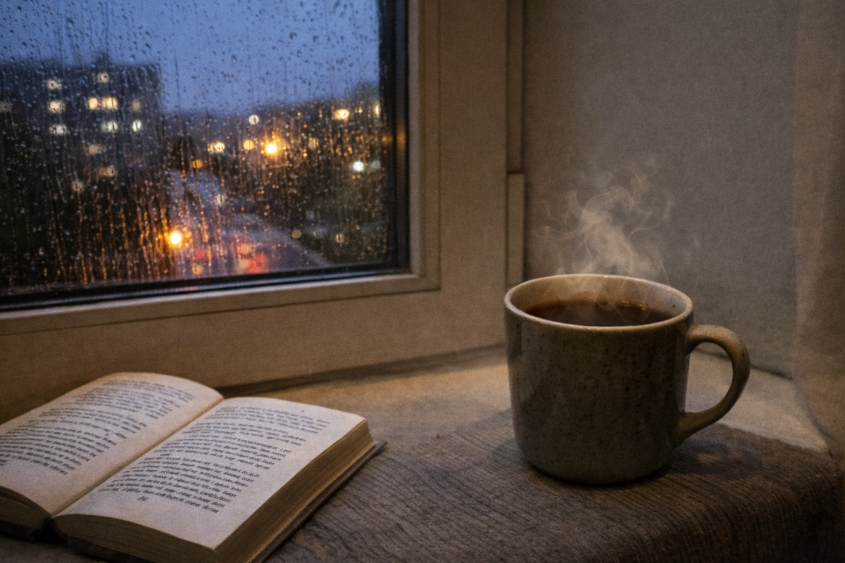 Вечер у окна: горячий чай, книга и дождь за стеклом. Тот самый момент, когда мысли о поездке появляются, но решение снова откладывается.