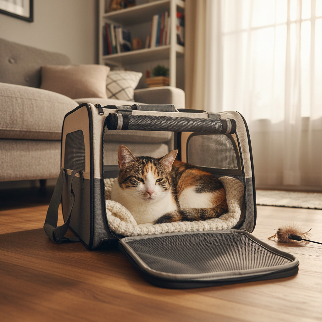 Кот чувствует себя безопасно внутри переноски в уютном доме.