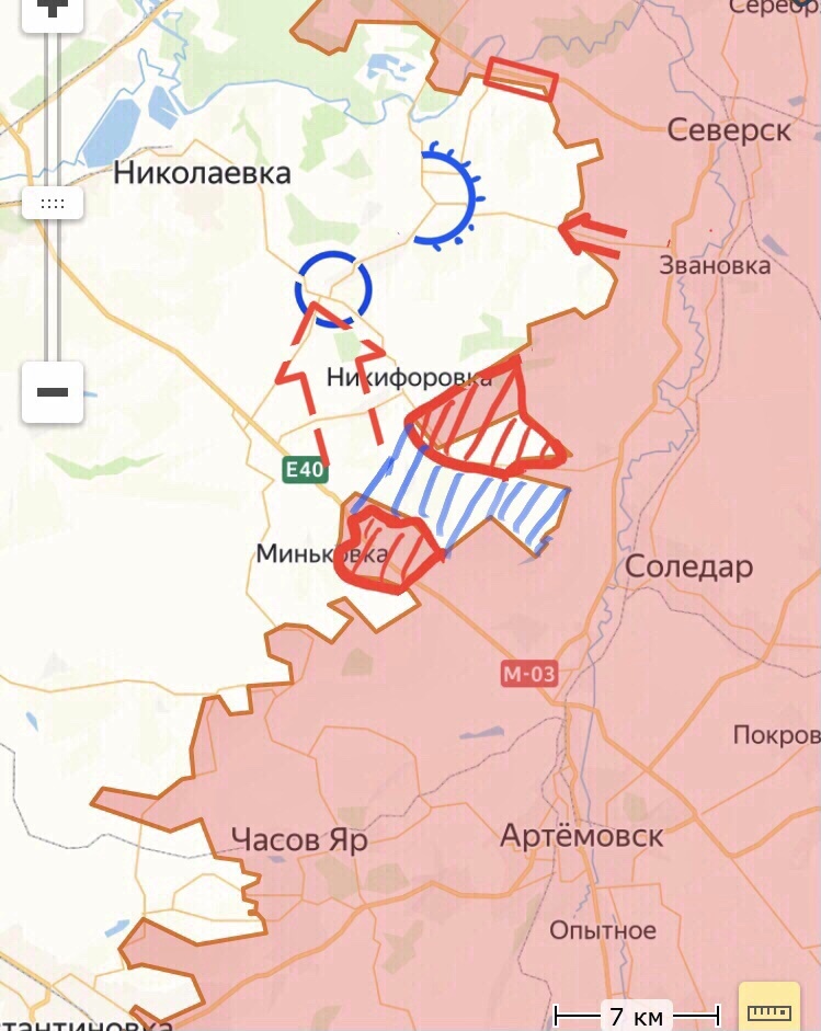 Красный прямоугольник - усл. село Закотное. Красная широкая стрелка - продвижение в селе Резниковкка. Красным контуром со штрихом внутри - продвижение наших с выходом на рубеж: Никифоровка - Прилуки. Синяя дуга с зубчиками - ключевой узел обороны противника в районе села Коленки. Синий пунктирный круг - усл. село Рай-Александровка. Синий штрих - подразделения противника в локальном тактическом «мешке». Красная пунктирная стрелка - вероятное развития настроения российских подразделений, в случае ликвидации «мешка».