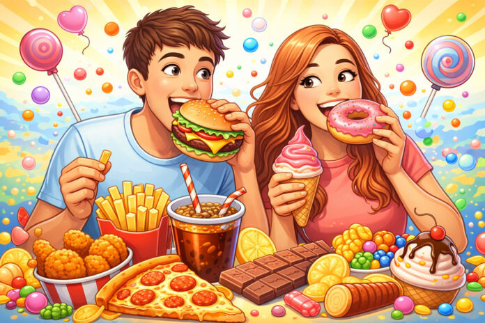    Концептуальное изображение, иллюстрирующее связь между детскими переживаниями 2020-х и ростом рынка запретных гастрономических продуктов