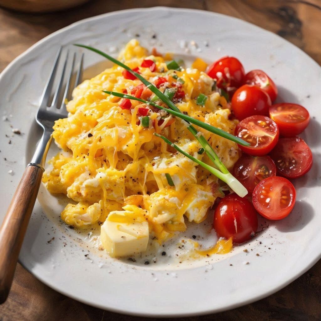 Яичница-болтунья с овощами и сыром