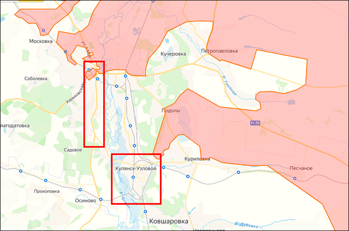    Купянск обведён прямоугольником, Купянск-Узловой обозначен квадратом правее и ниже города. Скриншот: lostarmour.info