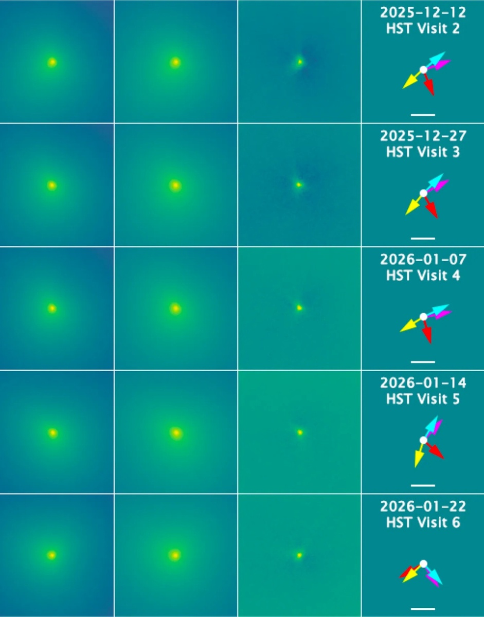 Новые данные с космического телескопа «Хаббл». Обнаружение ядра кометы 3I/ATLAS (третья панель слева) путем вычитания наиболее подходящей модели комы (вторая панель) из наблюдаемых изображений «Хаббла» (первая панель) для каждого сеанса наблюдений (указан справа). В каждом ряду красными и пурпурными стрелками обозначены местный север и восток соответственно, а желтыми и голубыми стрелками — прогнозируемое антисолнечное направление и отрицательная гелиоцентрическая скорость 3I/ATLAS соответственно. Горизонтальная белая полоса внизу обозначает шкалу в угловых секундах видимой длины, соответствующую диапазону от 1300 до 1700 километров сверху вниз в этот период. (Изображение предоставлено: Man-To Hui et al. 2026)