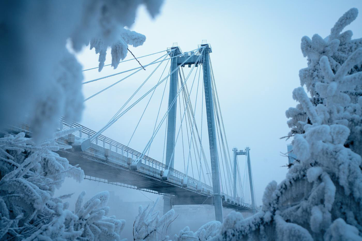   Александр Манзюк / Коммерсантъ- Виды Красноярска. Жанровая фотография. Виноградов мост в инее.