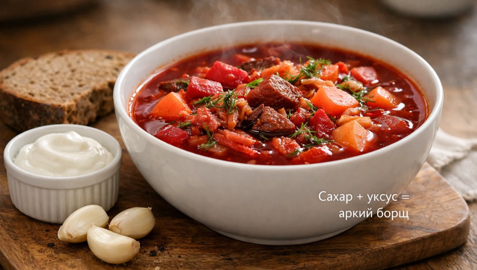 Зачем опытные хозяйки кладут в борщ сахар вместе с уксусом: цвет становится ярче, а вкус мягче