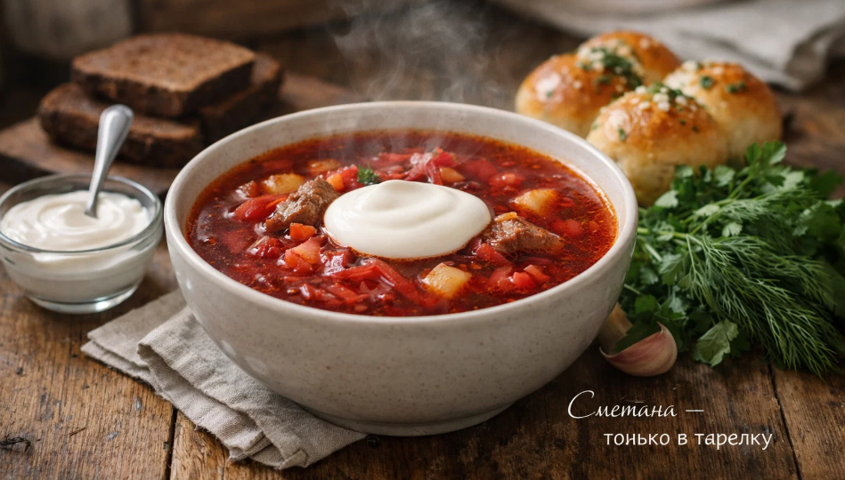Не кладите сметану в борщ при варке — добавляйте её в тарелку, иначе она свернётся