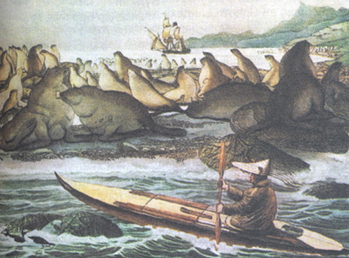 Бриг «Рюрик» у острова Святого Павла на акварели Людвига Хориса.