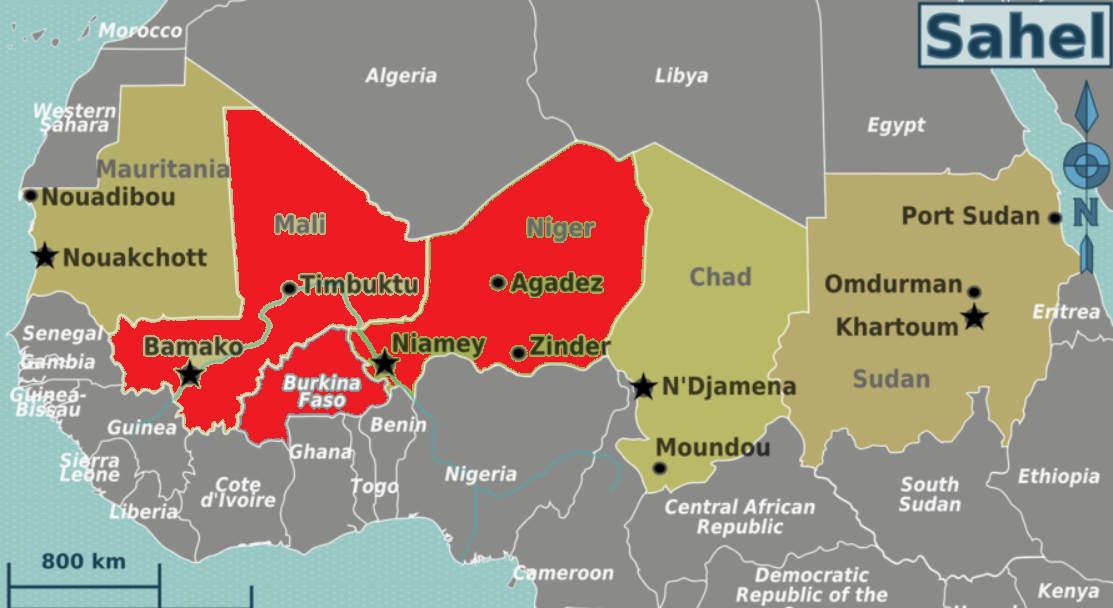 Карта стран, по которым проходит регион Сахель. Альянс выделен красным. 