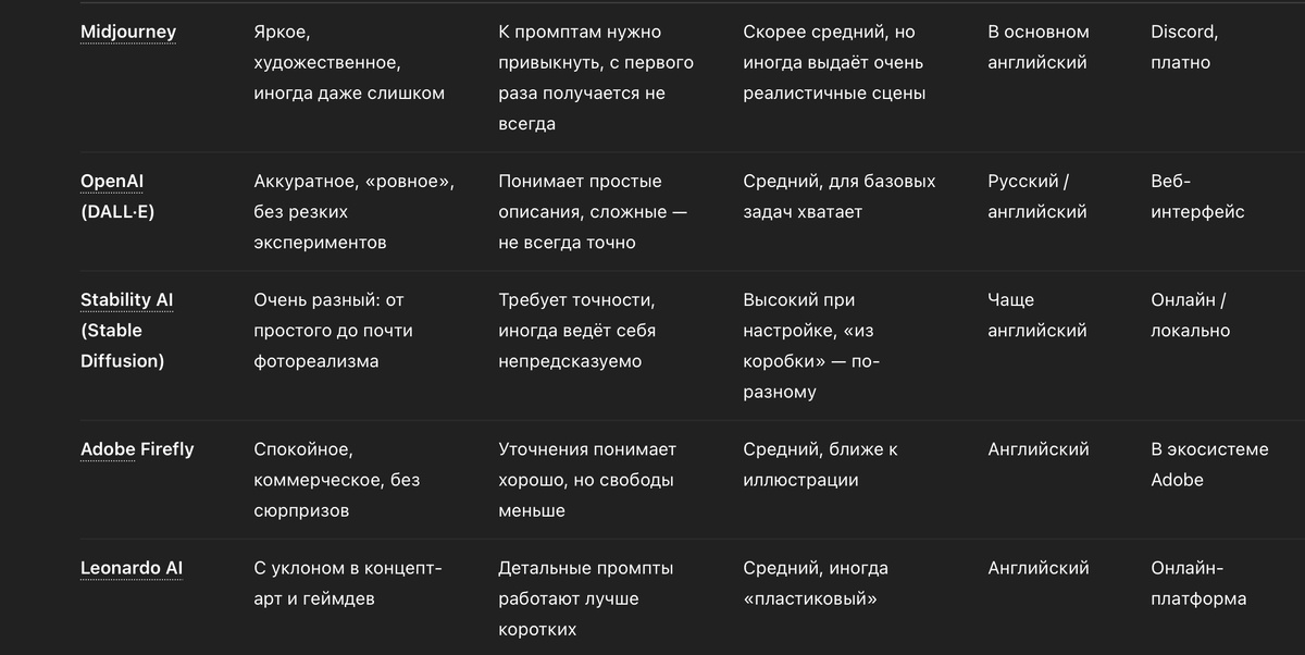 Сраванительная таблица сервисов для генерации изображений