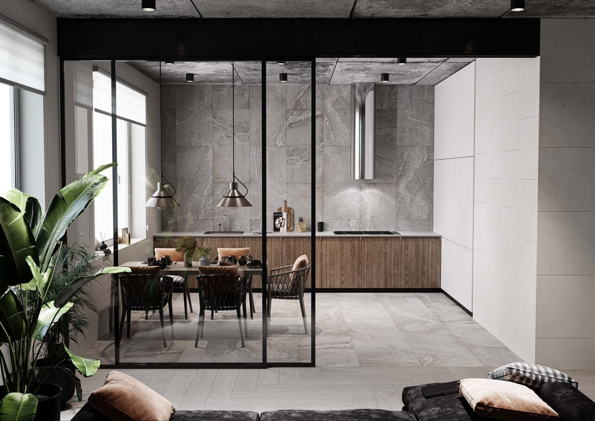 Керамогранит Kailas в интерьере кухни. Источник: Estima