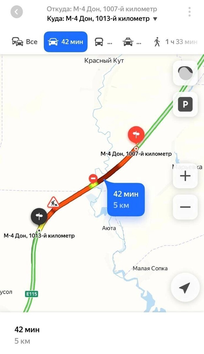   пробка начинается с 1007-го километра трассы и тянется до 1013-го километра   Яндекс / «Яндекс. Карты»