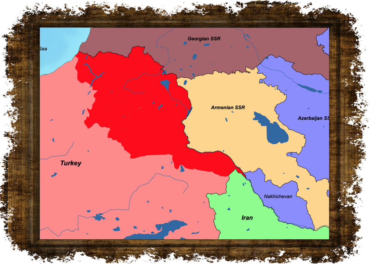 Красным на карте отмечены территории преимущественно Карской области России, отошедшие к Турции после 1921 года. Фото в свободном доступе. 