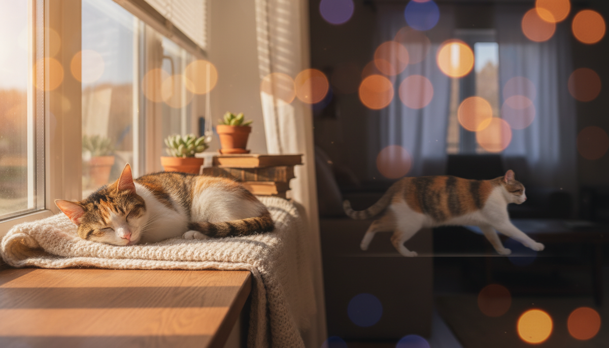 Домашняя кошка лежит спокойно на уютном подоконнике, в фоне едва заметное движение той же кошки.