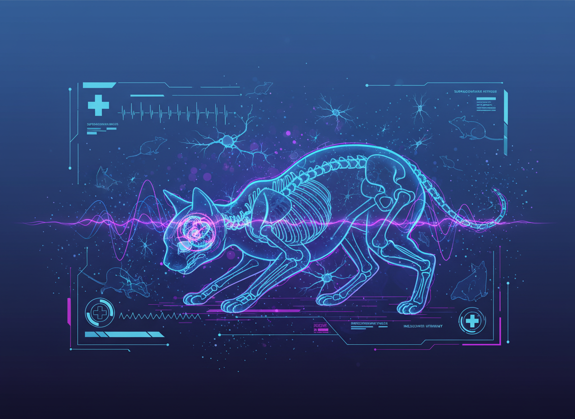 Полупрозрачная кошка с изображением внутренних биологических часов и силуэтами мелких животных вокруг.