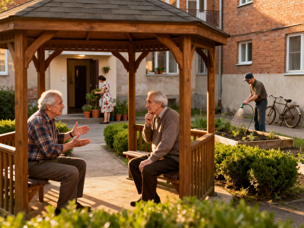 «А что, если сплести из одиноких нитей живое полотно?» Петрович у окна — его взгляд уже не на виртуальные чертежи, а на реальных соседей, с которых может начаться самая важная стройка — строительство сообщества. 🪡🧵