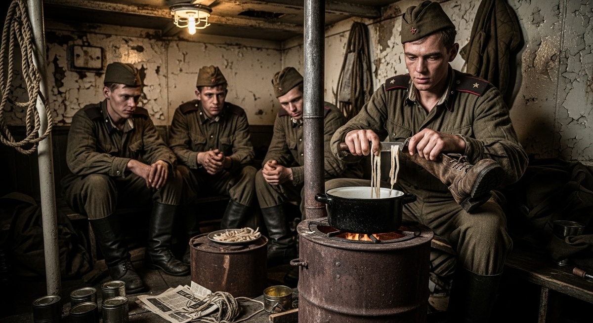 Когда закончилась картошка, экипаж начал варить ремни, рации и кирзовые сапоги. Чтобы заглушить вкус резины, в воду добавляли техническое масло.