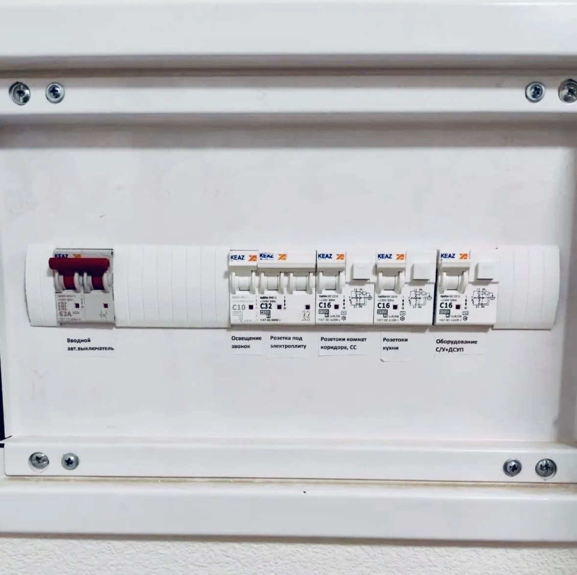 Стандартный электрощит квартиры по реновации. На кухню идет всего две линии- одна из них электроплита. Фото автора.