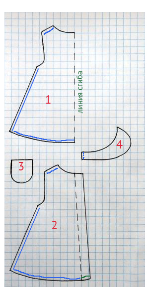 Выкройка: 1 - передняя часть (1 деталь); 2 - задняя часть (2 детали); 3 - карман (1 деталь); 4 - воротник (2 детали).