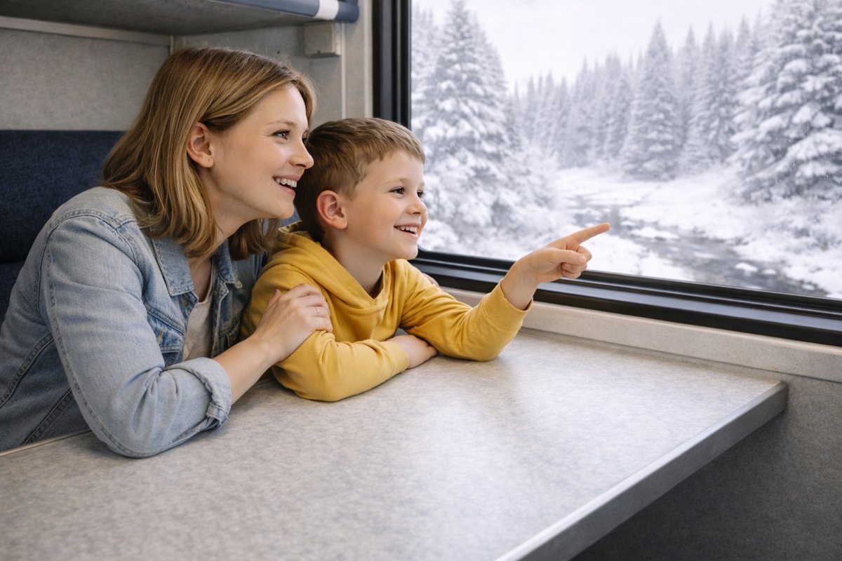 Мама с ребенком наблюдают за пейзажем за окном