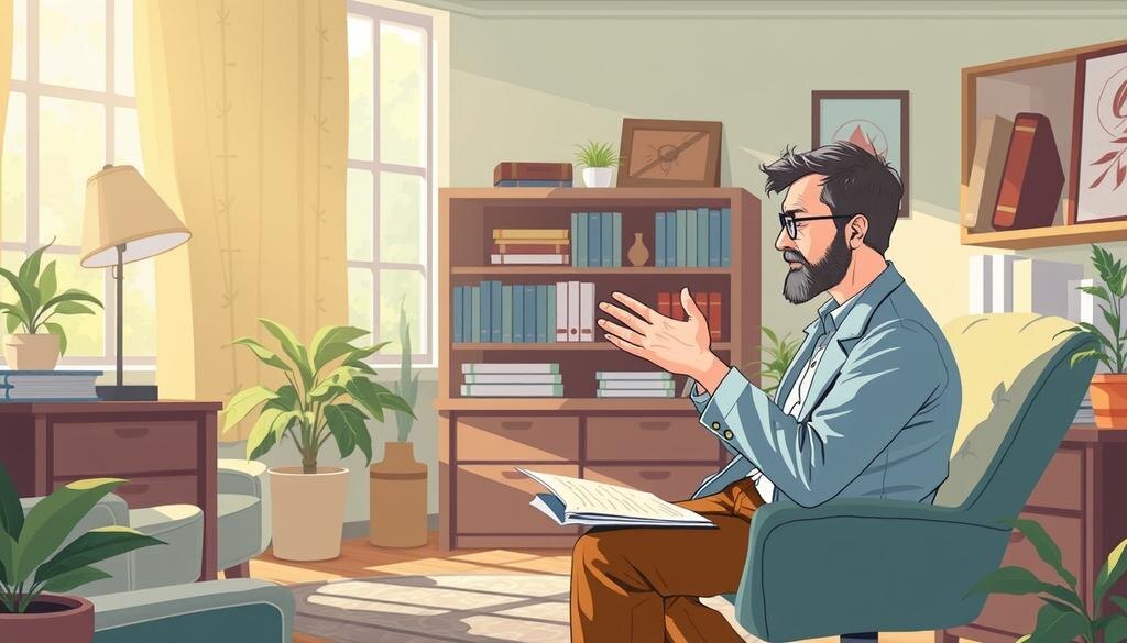    Сцена психолога, объясняющего феномен фантомных вибраций