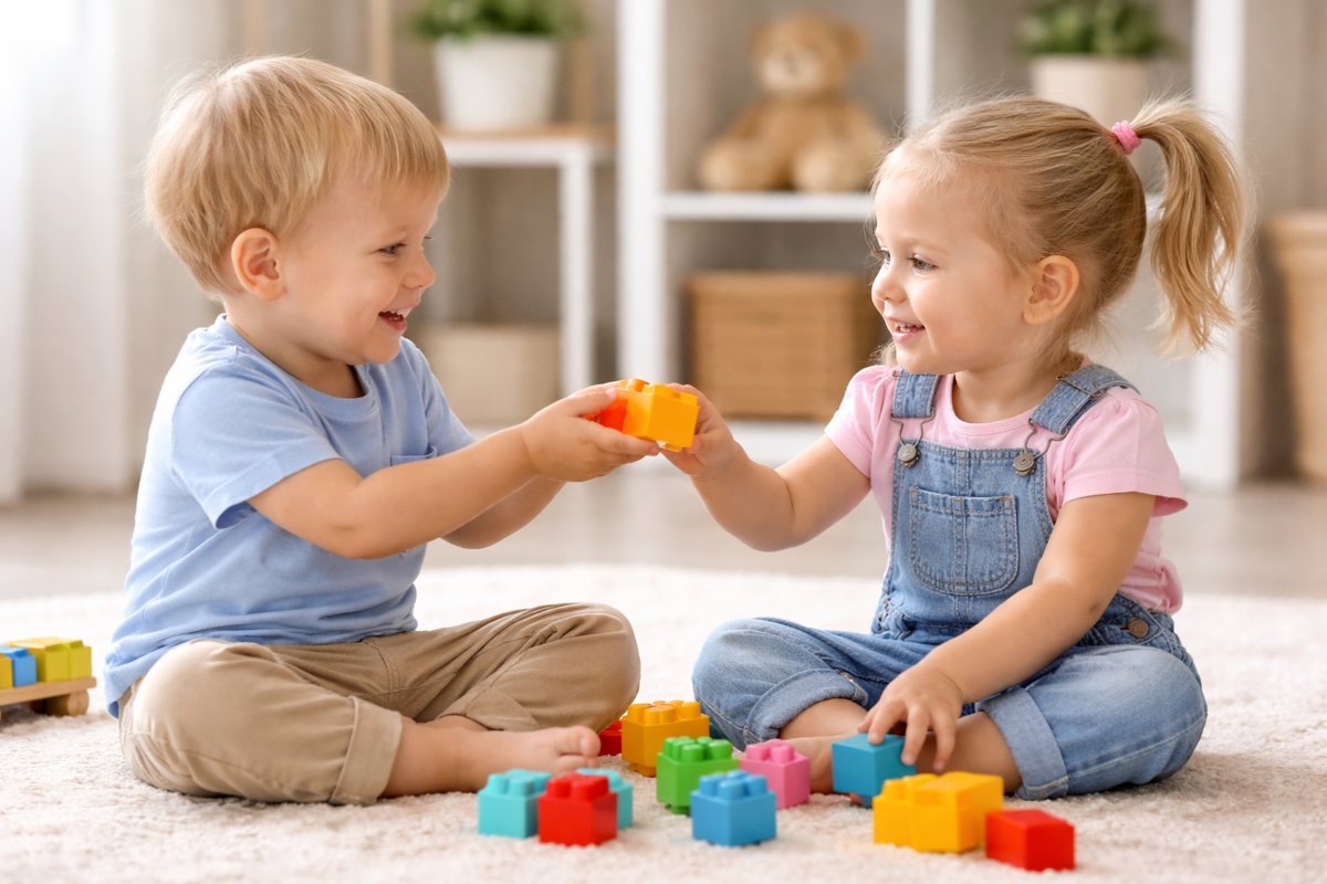 Мальчик делится кубиками