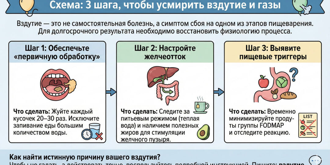 Схема: 3 шага, чтобы усмирить вздутие и газы